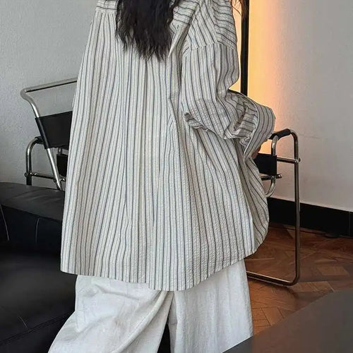 Load image into Gallery viewer, Women Apricot Striped Textured Big Size Long Blouse New Lapel Long Sleeve Shirt Fashion Tide Spring Autumn 2025  1DJ0598
