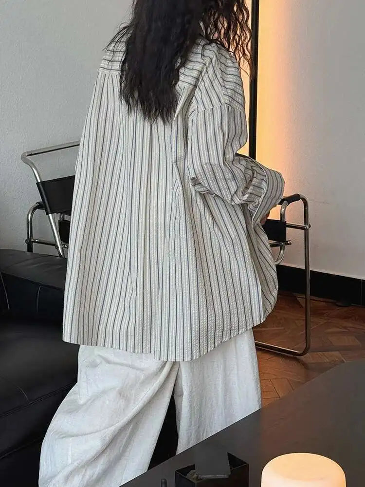 Women Apricot Striped Textured Big Size Long Blouse New Lapel Long Sleeve Shirt Fashion Tide Spring Autumn 2025  1DJ0598