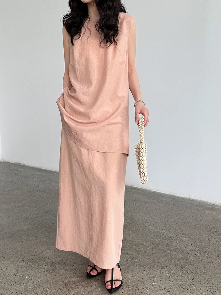 Green Belted Tank Top Half-body Skirt Two Pieces Suit New Round Neck Sleeveless Women Fashion Spring Autumn 2025 1DJ1111