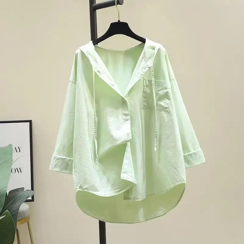 Fashion Women Shirts And Blouses 2023 Feminine Blouse Top Long Sleeve Casual White Hooded Collar Women Loose Blouses
