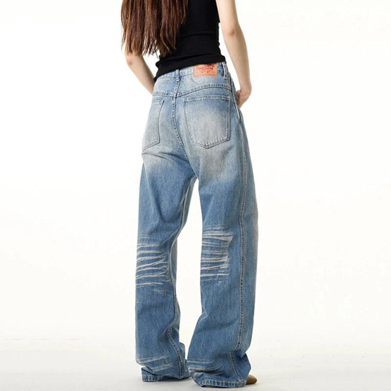 Men's Jeans New Summer Cat Whisker Washed Trendy Straight Wide Leg Stylish Gradient Color Male Causal Trousers 9W1968