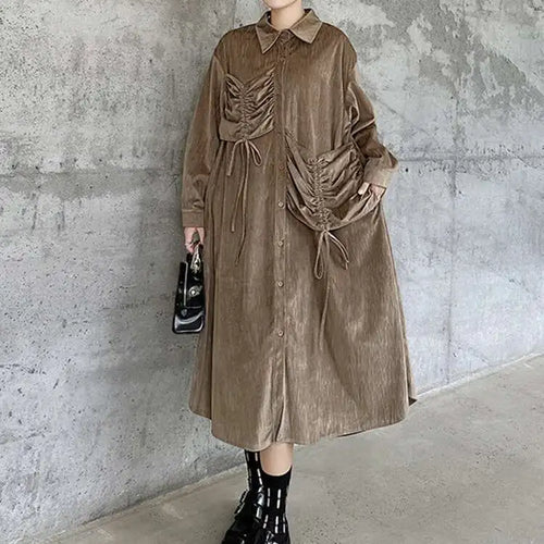 Load image into Gallery viewer, Women Khaki Drawstring Irregular Big Size Elegant Midi Dress New Long Sleeve Fashion Tide Spring Autumn 2025 1DH7270
