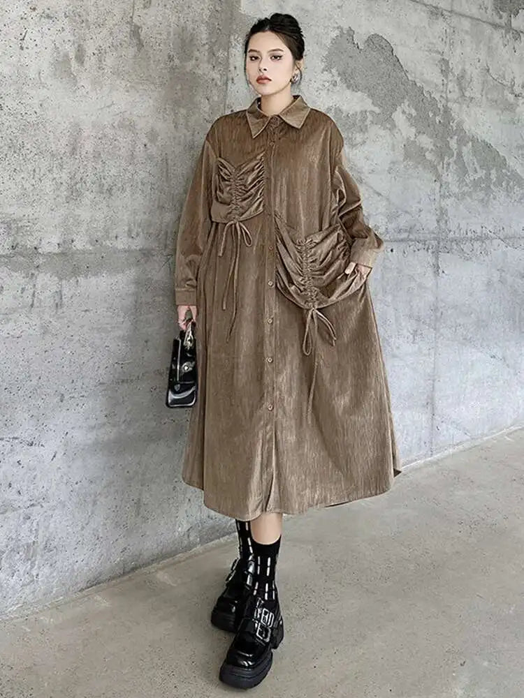 Women Khaki Drawstring Irregular Big Size Elegant Midi Dress New Long Sleeve Fashion Tide Spring Autumn 2025 1DH7270