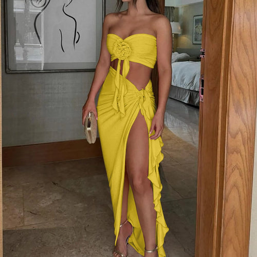 Load image into Gallery viewer, Elegant 2 Pcs Sets Strapless Tie Flower Draped Sexy Crop Tank Top Slit Tassel Maxi Skirt Women Outfit Birthday Festival
