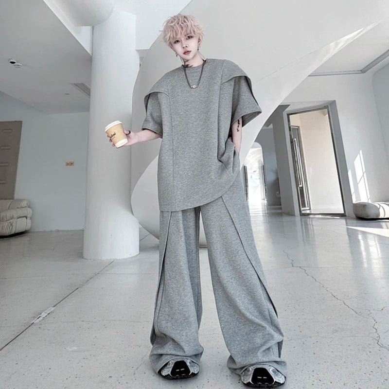 Men's Pants Set New  Summer Solid Color Splicing Short Sleeve Sweatshirt Straight Leg Trendy  Casual Pants Menwear 9W1797