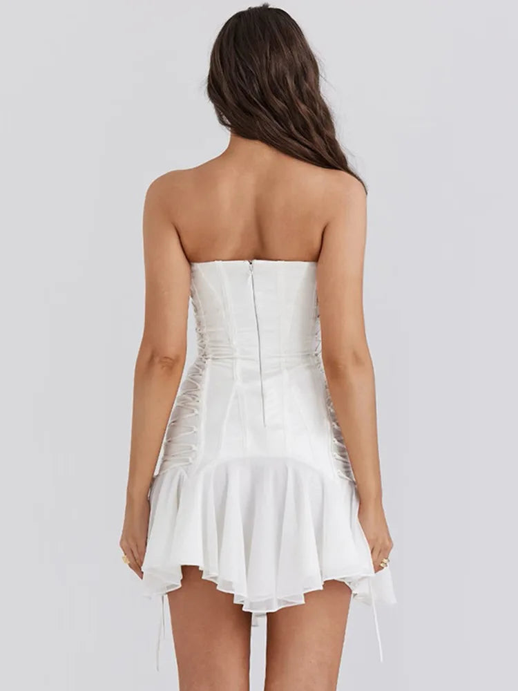 Elegant Strapless Tight Lace Up Ruffle Edge Skirt For Women Summer Backless Dress Chiffon Patchwork Sexy Sheath Vestidos