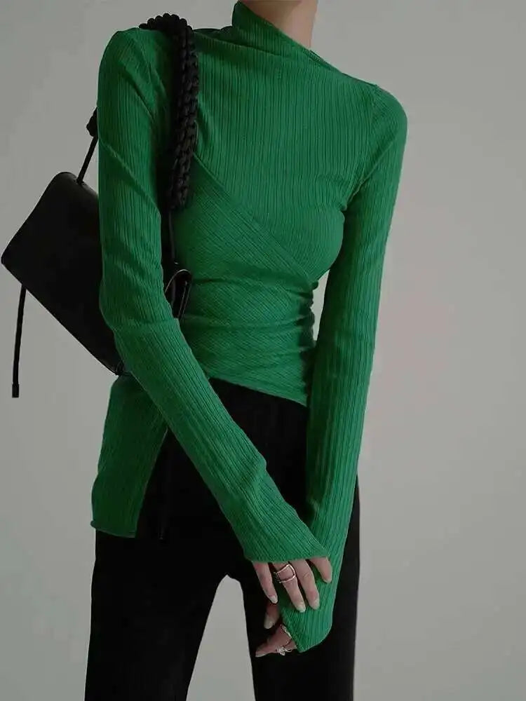 Black Irregular High Elastic Knitting Sweater Turtleneck Long Sleeve Women Pullovers New Fashion Spring Autumn 2025 1DF490