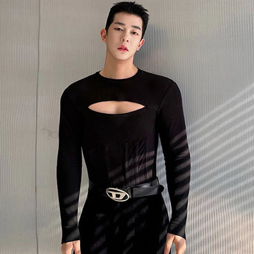 Load image into Gallery viewer, Male T-shirt Personality Close-fitting Hollow Out Girdling Round Collar Solid Color Men&#39;s Long Sleeve Tops Chic 9C4789
