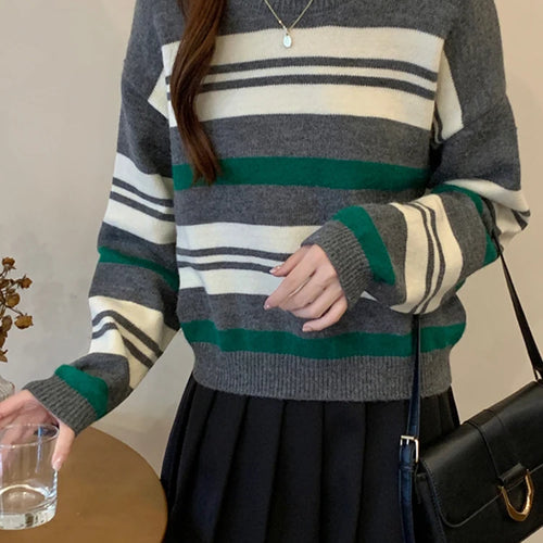 Load image into Gallery viewer, Spell Color Stripe Knitted Sweater Women Korean New Autumn Winter Wool Soft O-Neck Gray Apricot Pullover Women&#39;s Sweaters
