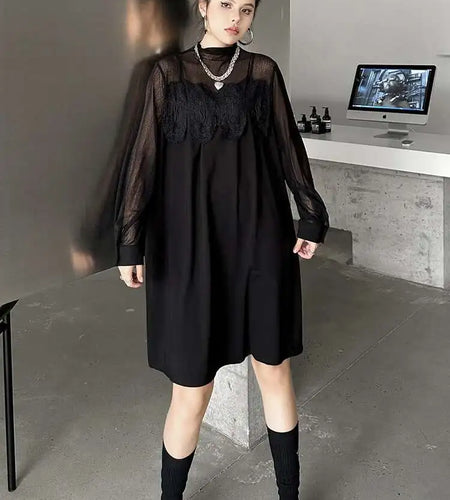 Women Black Mesh Lace Big Size Elegant Knee-Length Dress New Turtleneck Long Sleeve Fashion Spring Autumn 2025 1DH8734