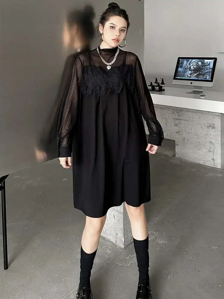 Women Black Mesh Lace Big Size Elegant Knee-Length Dress New Turtleneck Long Sleeve Fashion Spring Autumn 2025 1DH8734