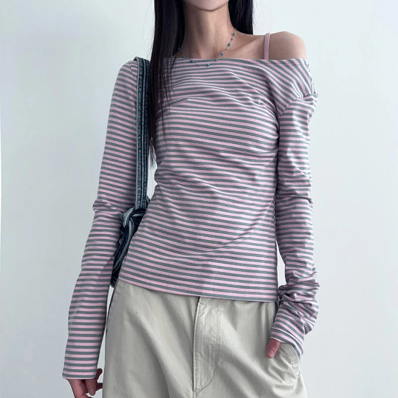 Harajuku Chic Backless Striped Long Sleeve T-shirt For Women Y2K Spring Autumn Korean Top Tee Lace-Up Gilrs Cutecore