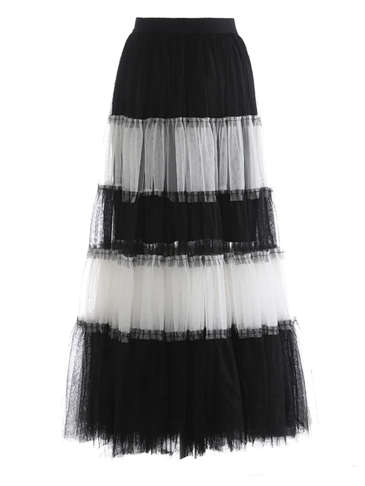 High Elastic Waist Black  White Mesh Color-block A-line Half-body Skirt Women Fashion Tide New Spring Autumn 2025 1DJ1077