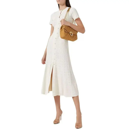 Load image into Gallery viewer, Korean Women's Red Round Neck Short Sleeve Split Knit Dresses Spring Summer Black White Single Breasted Holiday Long Dress 2024
