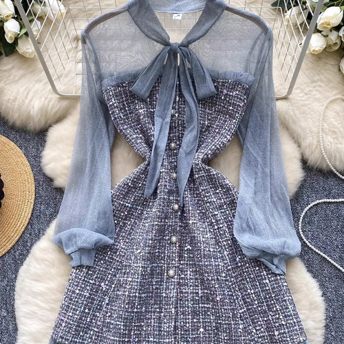 Load image into Gallery viewer, Autumn 2024 New Black Mesh Patchwork Plaid Elegant Long Sleeve Slim Bow Dress Women Gray Temperament Single Breasted Midi Dress
