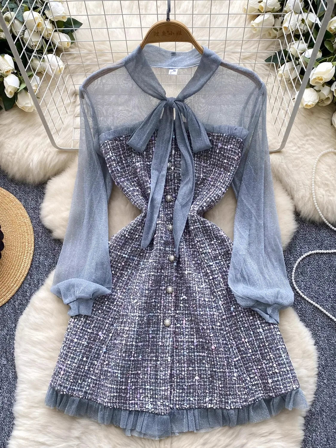 Autumn 2024 New Black Mesh Patchwork Plaid Elegant Long Sleeve Slim Bow Dress Women Gray Temperament Single Breasted Midi Dress