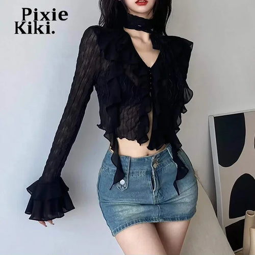 Load image into Gallery viewer, Mesh Sheer Black Shirts Y2k Fairy Grunge Irregular Hem Ruffled Flare Long Sleeve Crop Top Vintage Clothes P94-EZ20
