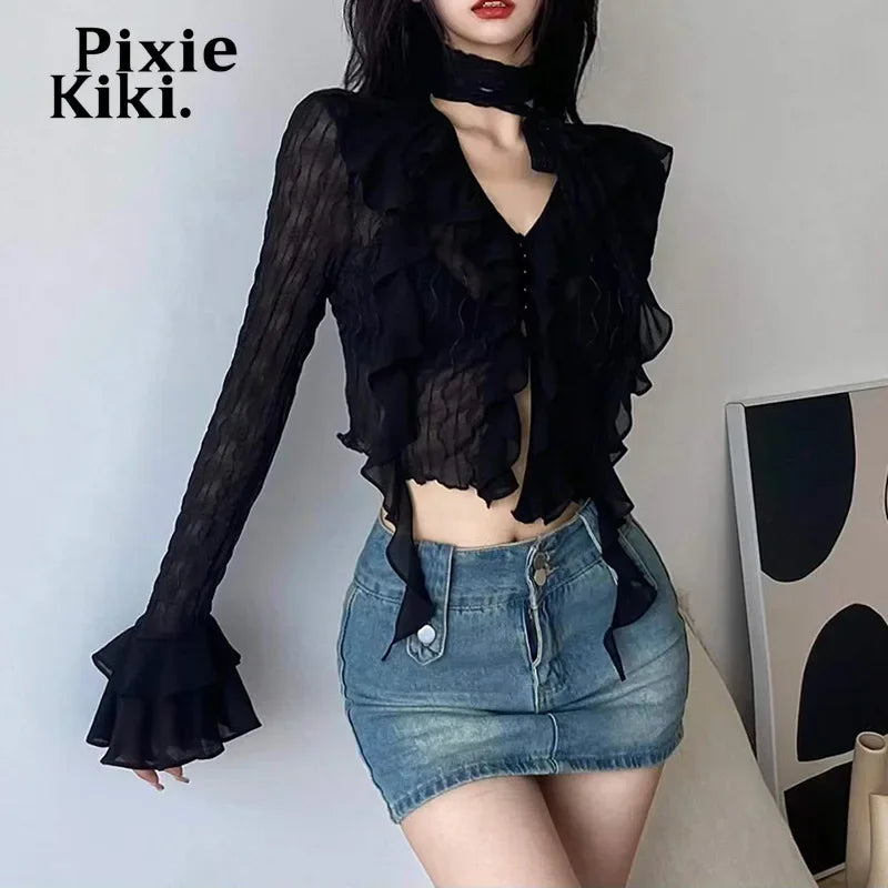 Mesh Sheer Black Shirts Y2k Fairy Grunge Irregular Hem Ruffled Flare Long Sleeve Crop Top Vintage Clothes P94-EZ20