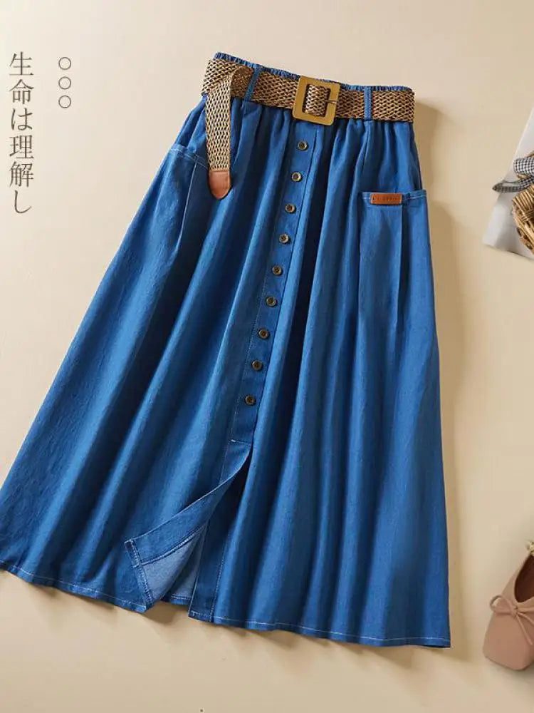 Denim Skirt Women Summer A-line High Waist Medium Length Belt Lace Up 2022 Knee Length Young Beautiful Casual Skirts Female