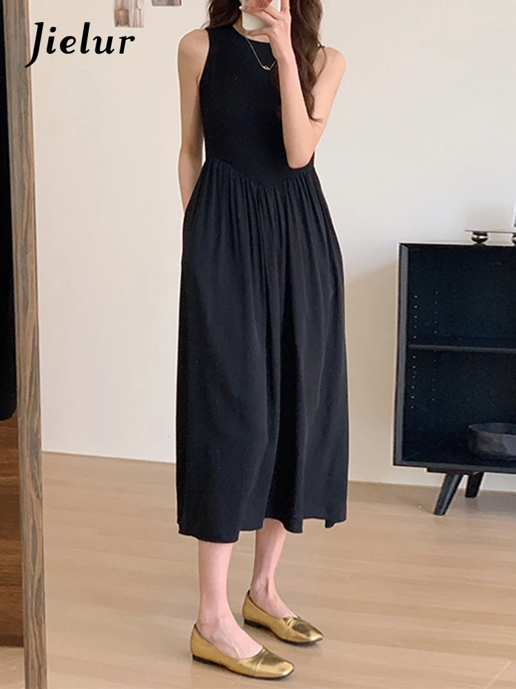 Solid Color Slim Casual Women's Dresses Black Sleeveless O-neck Summer Fashion Dress Party Club Hepburn Style Tank Dress