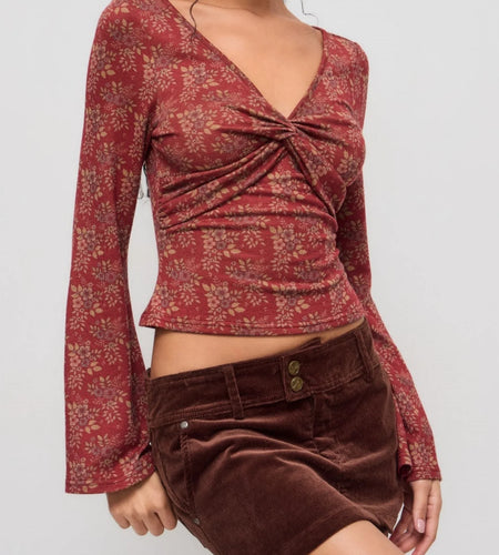 y2k Women T Shirt Stylish Floral Print Knot V Neck Flared Long Sleeve Crop Top Fall Spring Clothing 2000s Streetwear