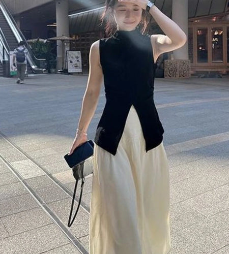 Harajuku Half Height Split Tee Shirts Women Y2k Aesthetic Solid Vintage Sleeveless T-Shirt Streetwear Casual Grunge Crop Tops