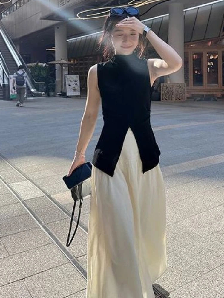 Harajuku Half Height Split Tee Shirts Women Y2k Aesthetic Solid Vintage Sleeveless T-Shirt Streetwear Casual Grunge Crop Tops