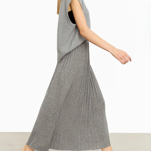 Minimalist 2024 Pleated Skirt for Women Clothing Autumn New Loose Elastic Waist Knitted Ankle-length A-line Skirts 12323091