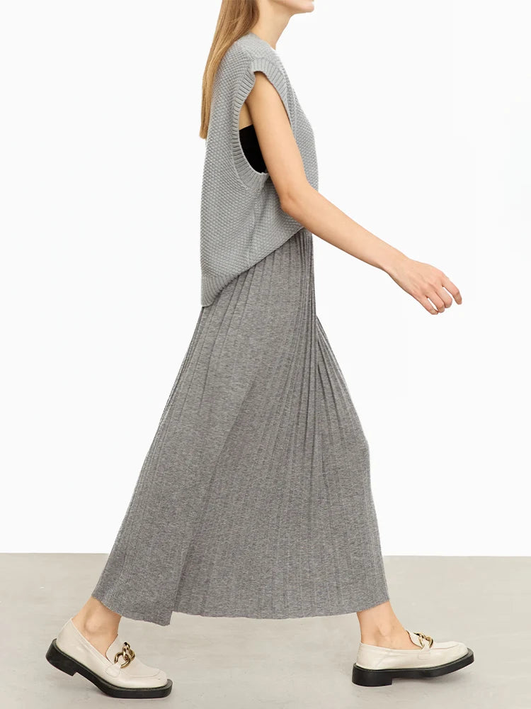 Minimalist 2024 Pleated Skirt for Women Clothing Autumn New Loose Elastic Waist Knitted Ankle-length A-line Skirts 12323091