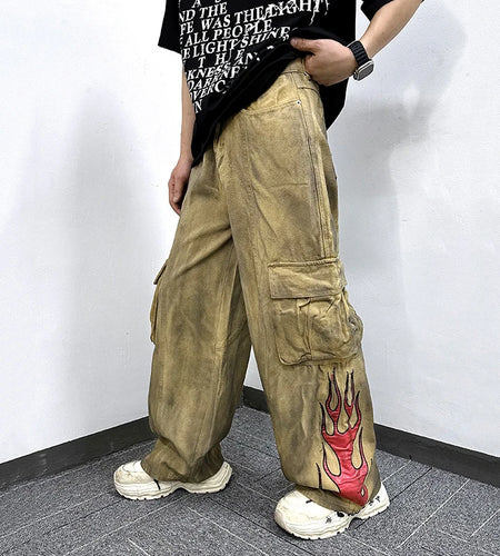 Men's Cargo Pants New American Style Tie Dye Dirty Flame Pattern Washed Straight Wide Leg Male Trousers Summer 9W1787