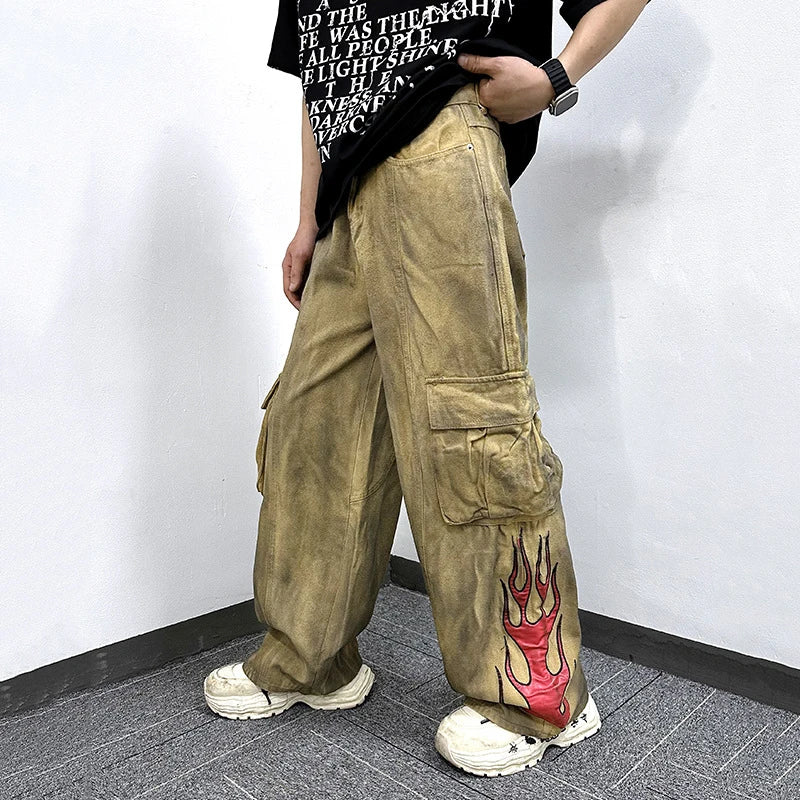 Men's Cargo Pants New American Style Tie Dye Dirty Flame Pattern Washed Straight Wide Leg Male Trousers Summer 9W1787