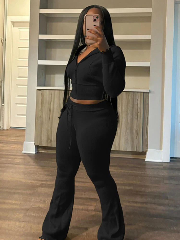 Sporty 2 Piece Set Women Hooded Cardigan Crop Jacket+Drawstring Straight Pants Fit Simple Classic Basic Casual Tracksuit