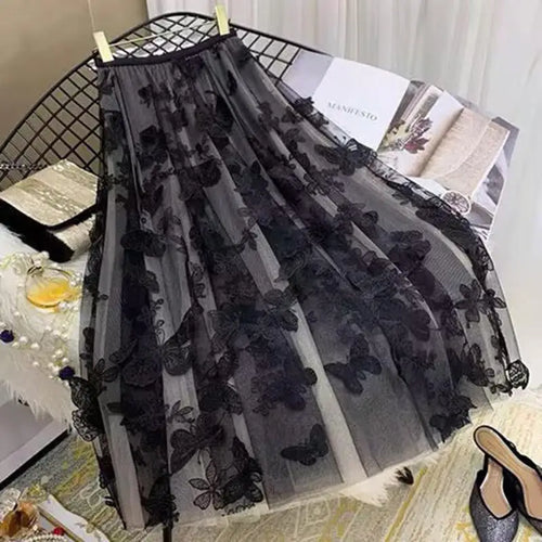 Load image into Gallery viewer, Elastic High Waist Skirt Ladies Summer Vintage Jacquard Butterfly Tulle Skirts Womens Fashion Embroidery Mesh Midi Skirt Women
