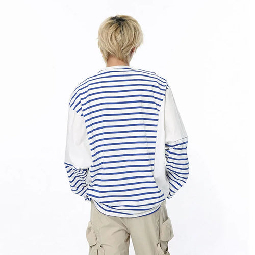 Load image into Gallery viewer, Long Sleeve Men&#39;s T-shirt Stripe Male Clothing Summer Autumn Pullover Korean Spliced Contrast Color Top 9C5179
