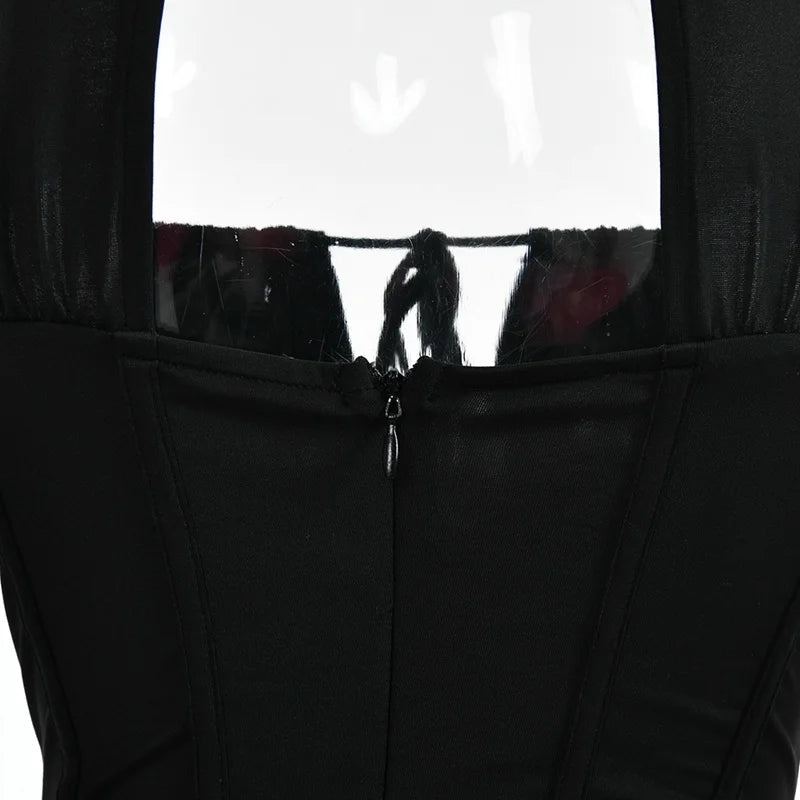 Hollow Out Spaghetti Strap Dresses Women Sexy High Waist Long Sleeve Party Outfits Solid Backless Black Fishbone Dress