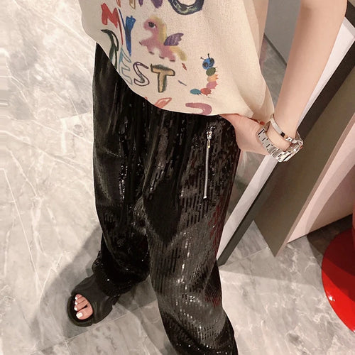 Load image into Gallery viewer, Casual Spring Fashion Wide Leg Pants For Women High Waist Patchwork Sequins Trousers Female Clothing Style
