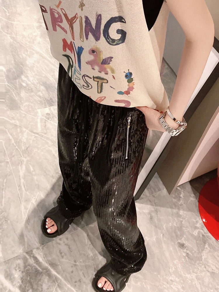 Casual Spring Fashion Wide Leg Pants For Women High Waist Patchwork Sequins Trousers Female Clothing Style