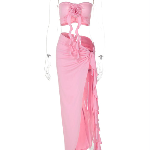 Load image into Gallery viewer, Elegant 2 Pcs Sets Strapless Tie Flower Draped Sexy Crop Tank Top Slit Tassel Maxi Skirt Women Outfit Birthday Festival
