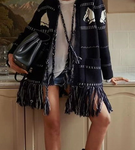 Hit Color Spliced Tassels Fashion Cardigans for Women O Neck Long Sleeves Patchwork Pockets Cardigan Female Clothes