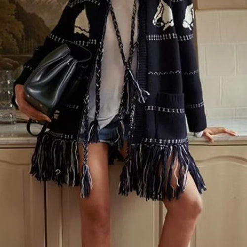 Load image into Gallery viewer, Hit Color Spliced Tassels Fashion Cardigans for Women O Neck Long Sleeves Patchwork Pockets Cardigan Female Clothes
