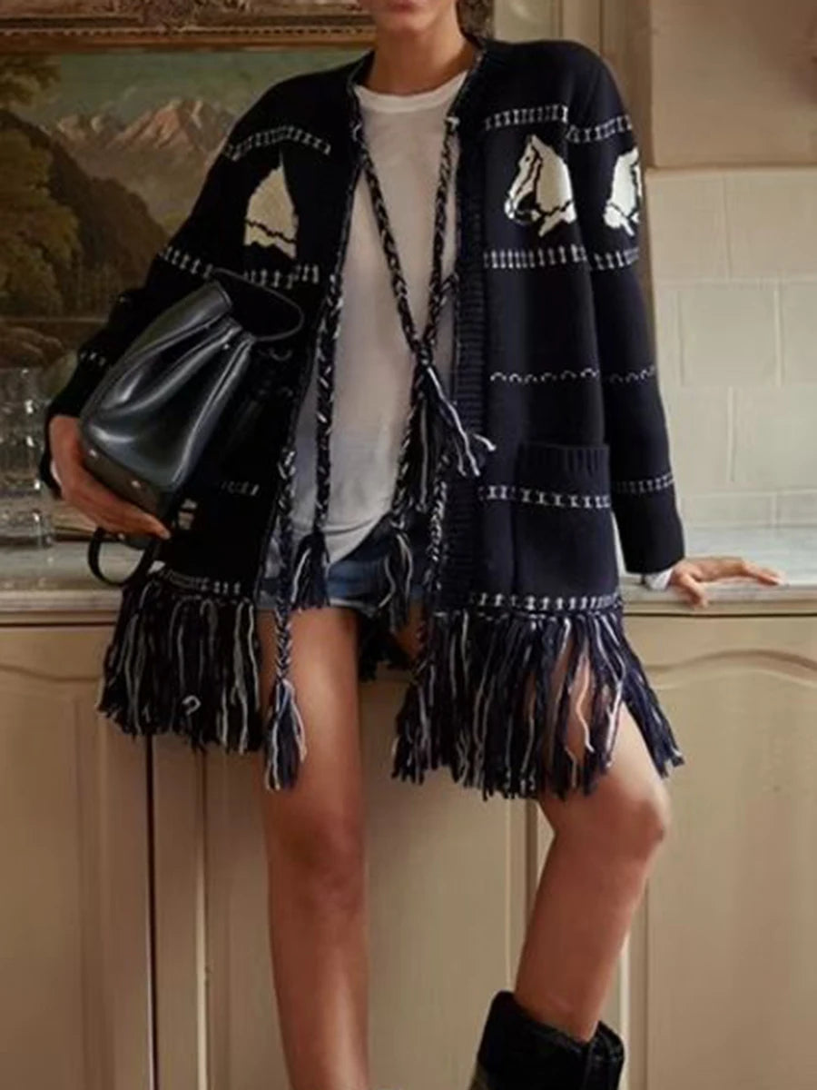 Hit Color Spliced Tassels Fashion Cardigans for Women O Neck Long Sleeves Patchwork Pockets Cardigan Female Clothes