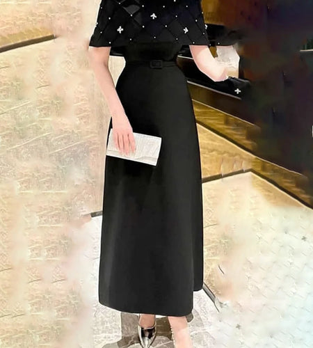 Solid Spliced Diamonds Slimming Dresses For Women V Neck Short Sleeve High Waist Temperament Long Dress Female New