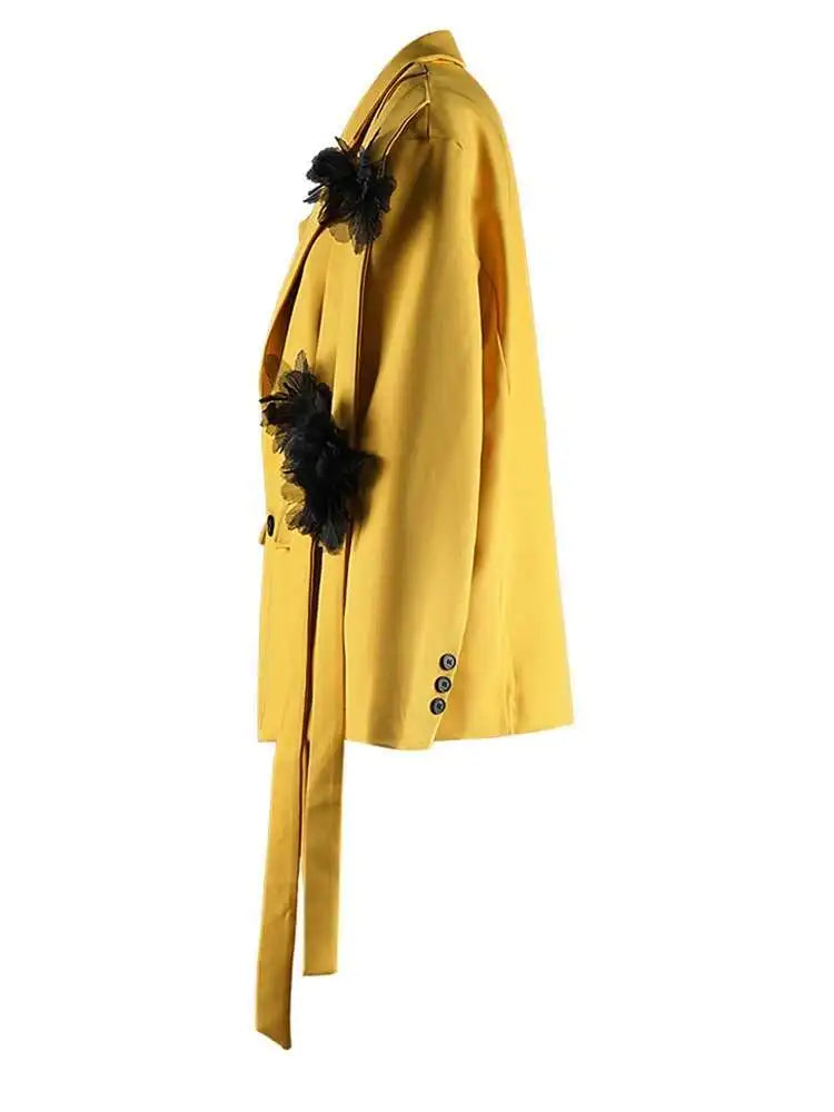 Flower Ribbon Blazer Wide Leg Pants Two Piece Suit New Lapel Long Sleeve Women Fashion Tide Spring Autumn 2025 CPG2570