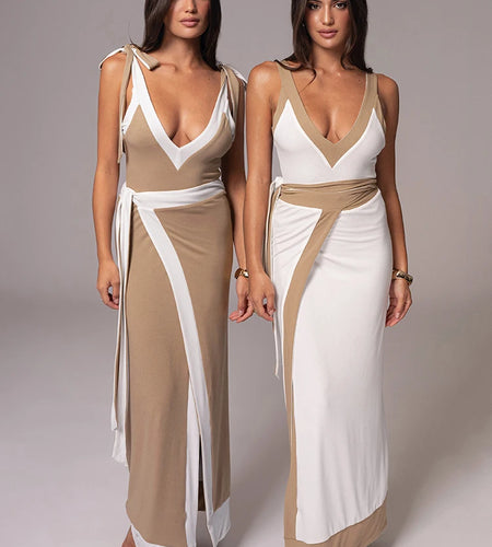 Patchwork Backless Sexy Maxi Dress  Women Fashion Spaghetti Strap V Neck Sleeveless High Split Sexy Long Dress Elegant