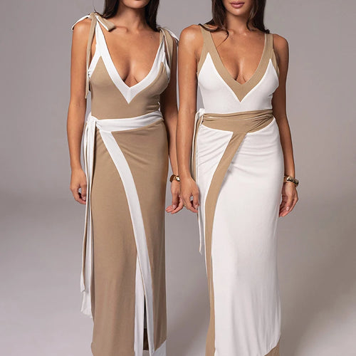 Load image into Gallery viewer, Patchwork Backless Sexy Maxi Dress  Women Fashion Spaghetti Strap V Neck Sleeveless High Split Sexy Long Dress Elegant
