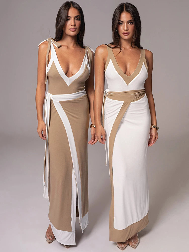 Patchwork Backless Sexy Maxi Dress  Women Fashion Spaghetti Strap V Neck Sleeveless High Split Sexy Long Dress Elegant