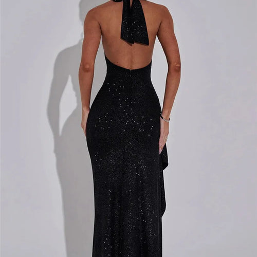 Load image into Gallery viewer, Sparkle Thigh High Split Sexy Maxi Dress Women Gown Black Half High Collar Sleeveless Backless Bodycon Sexy Long Dress
