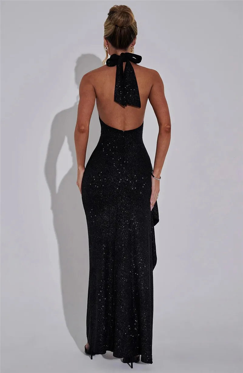 Sparkle Thigh High Split Sexy Maxi Dress Women Gown Black Half High Collar Sleeveless Backless Bodycon Sexy Long Dress