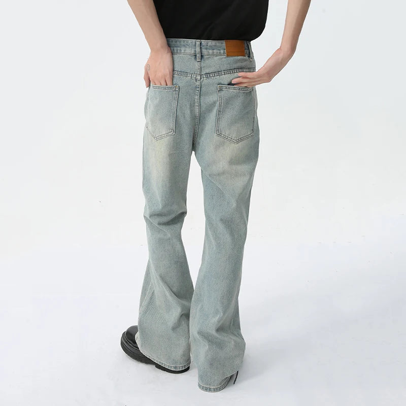 Men's Denim Pants Niche Design Bell-bottoms Patchwork Retro Style Mid-rise Casual Male Jeans Summer Fashion 9C5707