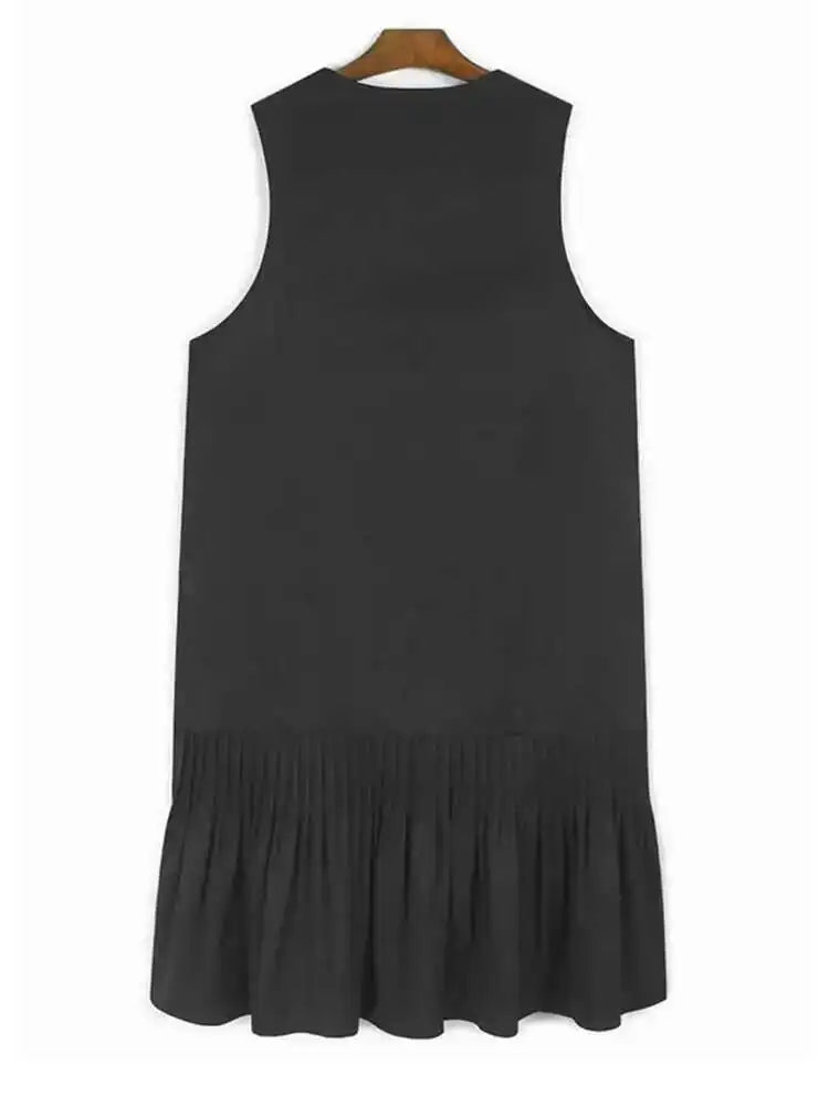 Women Black Pleated Hem Elegant Big Size Midi Vest Dress New V-Neck Sleeveless Fashion Tide Spring Autumn 2025 1DH9964
